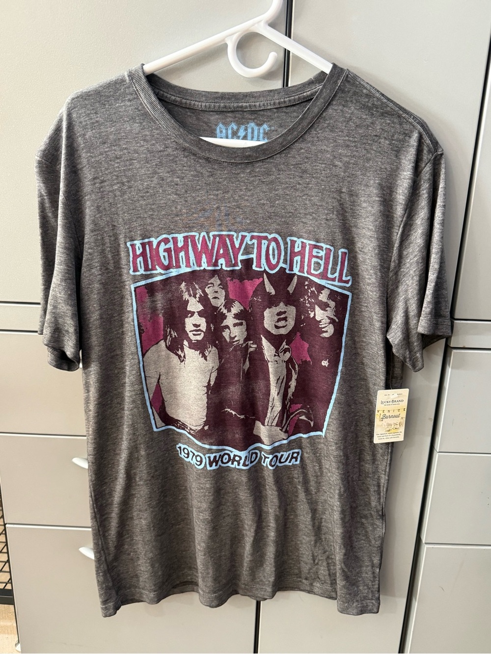 NWT- Lucky Brand AC/DC Graphic Tee in Light Blue on Charcoal